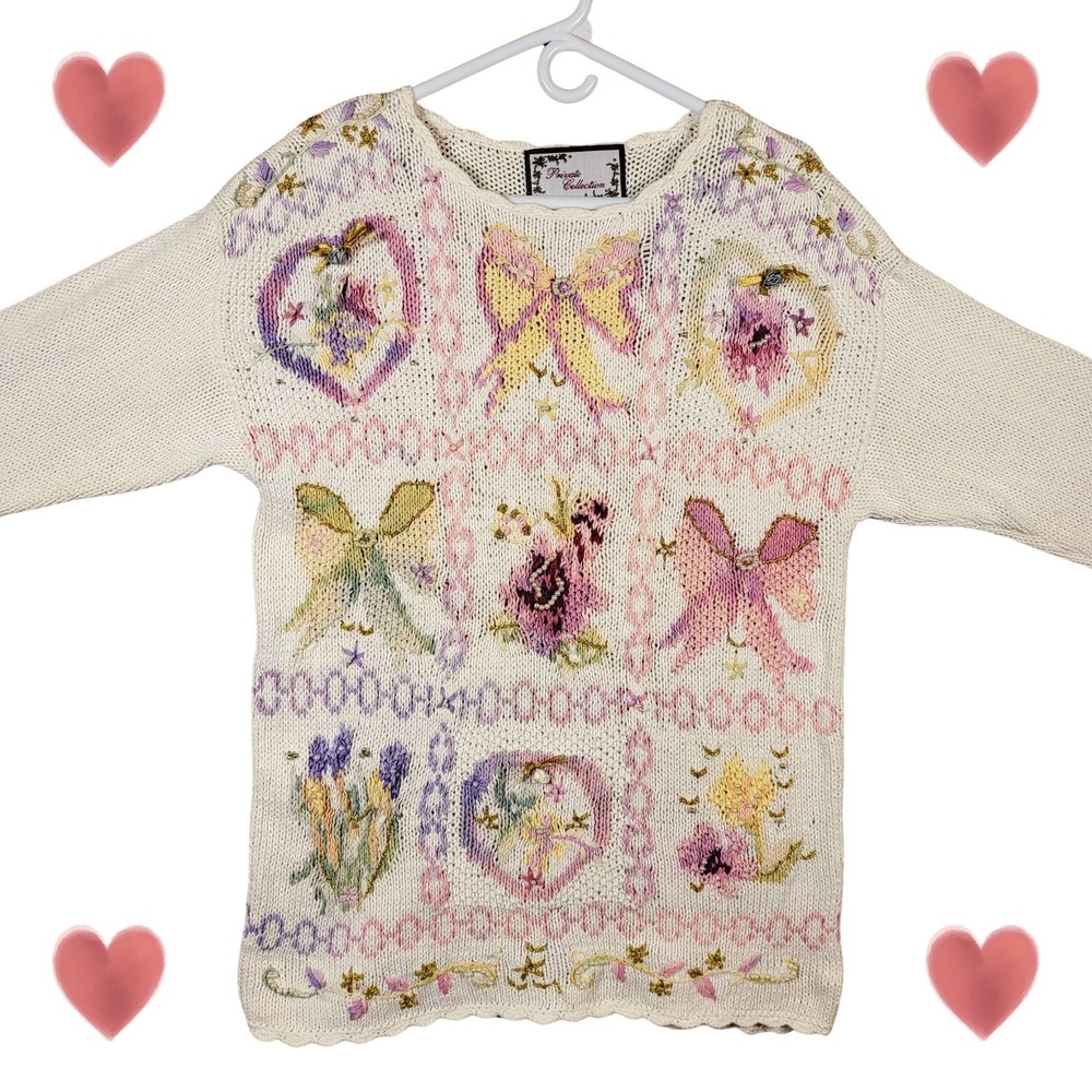 Cottagecore Soft Girl Pink Bows Hearts Beaded 90s Granny Sweater Size S/M‎